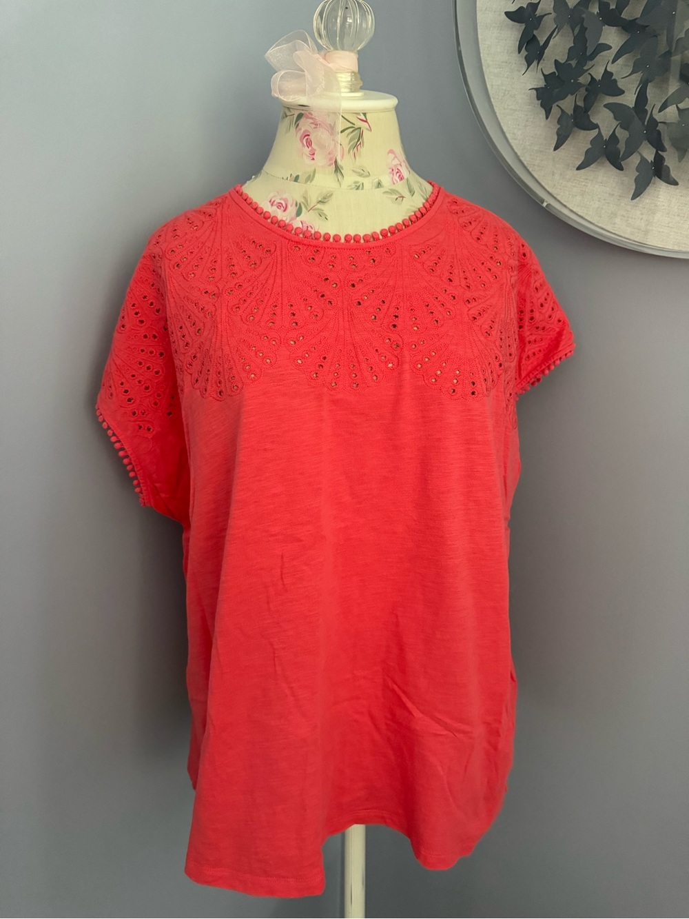 Maurice’s Eyelet Yoke Short Sleeve Top in Coral